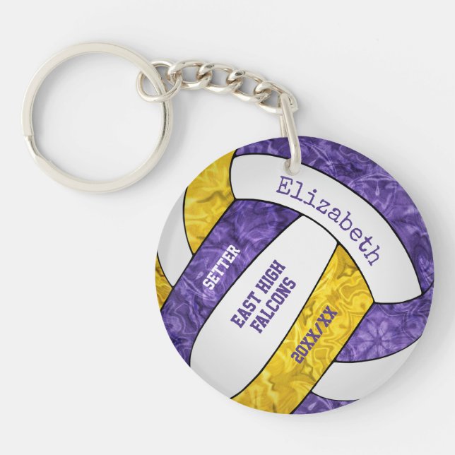 purple gold team colors personalized volleyball keychain (Front)