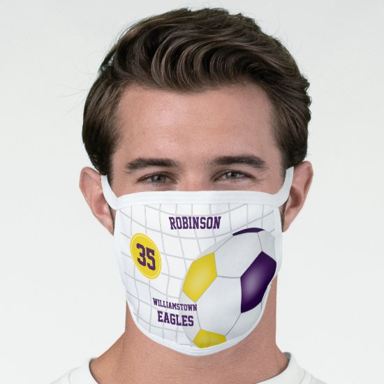 purple gold team colors player name number soccer face mask