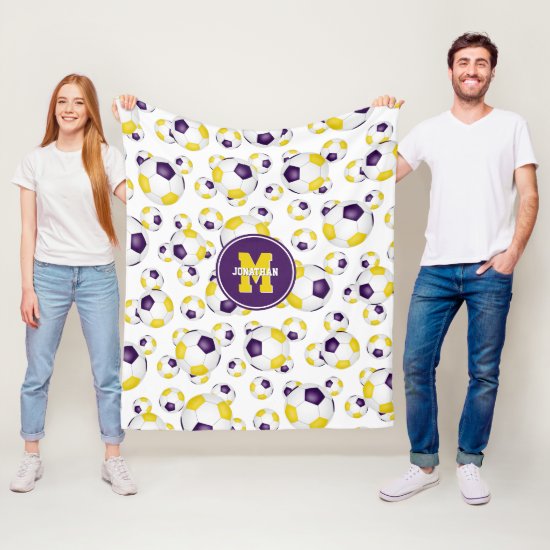 purple gold team colors soccer balls pattern fleece blanket