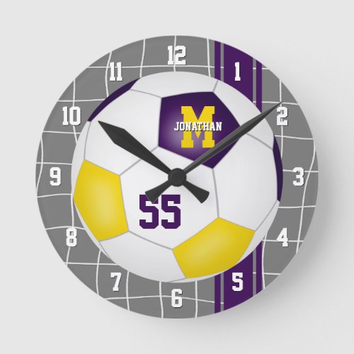 purple gold team colors varsity stripes soccer round clock
