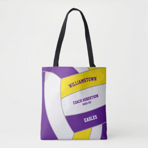 purple gold team colors volleyball athlete coach tote bag