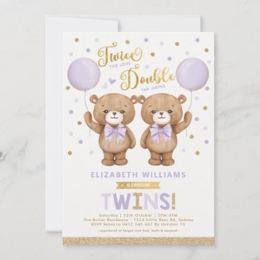 Purple Gold Teddy Bear Balloon Twin Baby Shower Invitation
