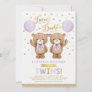 Purple Gold Teddy Bear Balloon Twin Baby Shower Invitation