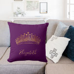 Purple gold tiara crown name elegant throw pillow<br><div class="desc">A faux gold princess,  queen's crown,  tiara on an elegant Purple background. Customize and add a name.  Golden hand lettered style script,  letters.</div>