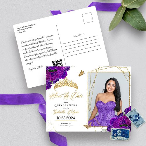 Purple  Gold Tiara Quinceaera Photo Postcard