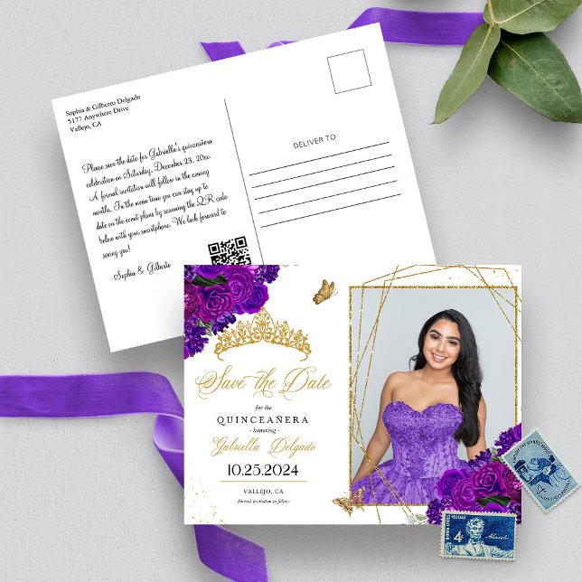 Purple & Gold Tiara Quinceañera Photo Postcard (Creator Uploaded)