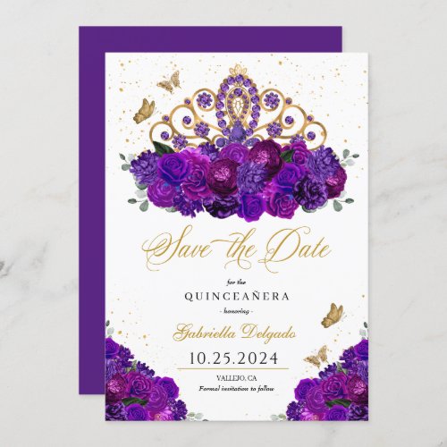 Purple  Gold Tiara Save The Date Quinceaera Invitation