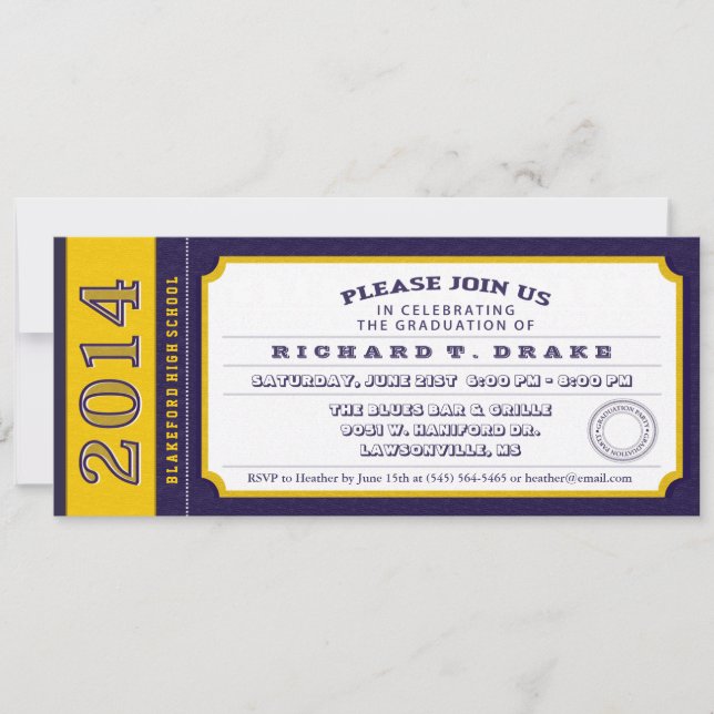 Purple & Gold Ticket Graduation Party Invitation (Front)