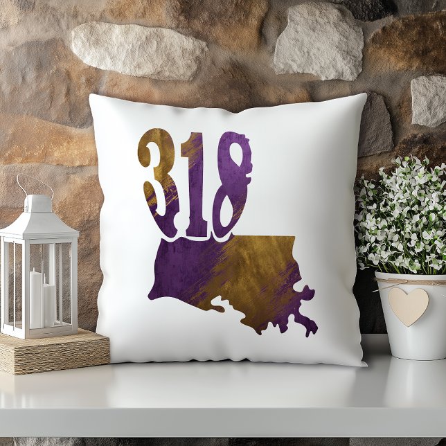Purple Gold Tiger 318 Area Code Louisiana State Throw Pillow (Creator Uploaded)