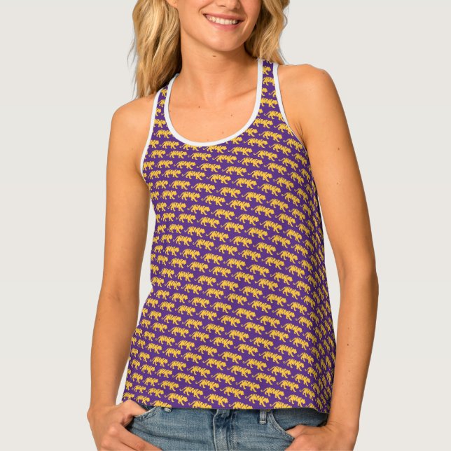 Purple & Gold Tiger Print Racerback Tank Top | LSU (Front)