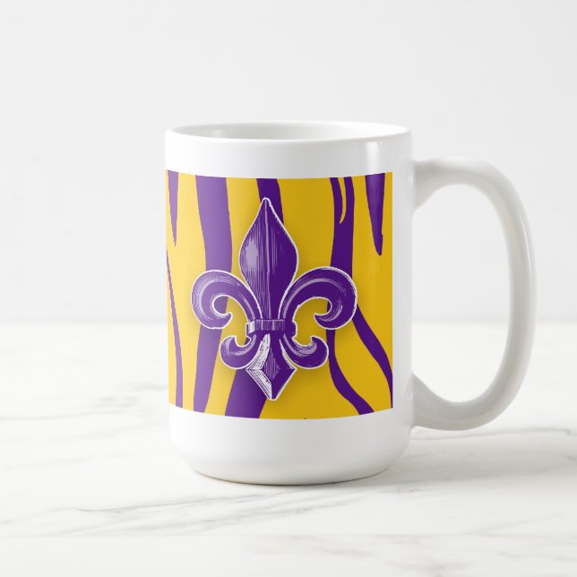Purple & Gold Tiger Stripe with Fleur de Lis Coffee Mug (Right)