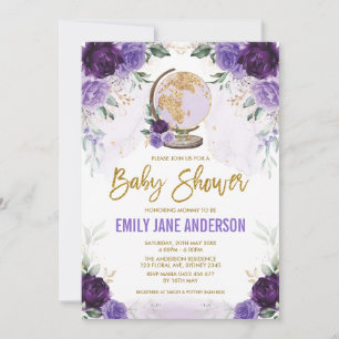 Purple Gold Travel Baby Shower Floral Adventure Invitation
