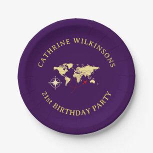Purple Gold Travel Themed 21st Birthday  Paper Plates