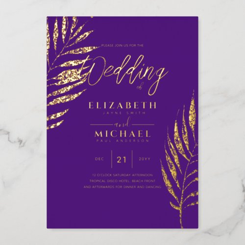Purple Gold Tropical Leaf Destination Wedding Foil Invitation