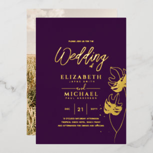 Purple Gold Tropical Leaf Destination Wedding Foil Invitation