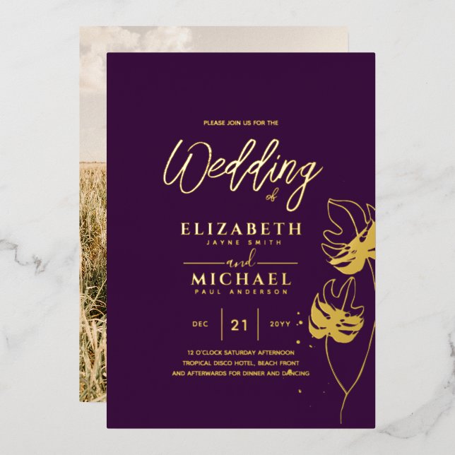 Purple Gold Tropical Leaf Destination Wedding Foil Invitation (Front/Back)