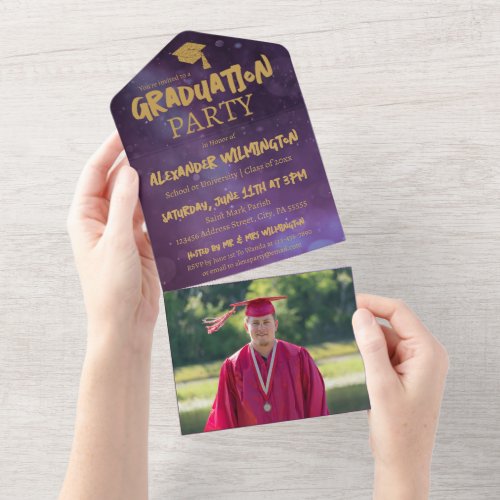 Purple  Gold Two Photo Graduation Party All In One Invitation