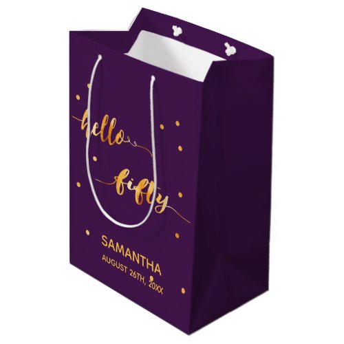 Purple gold typography 50th birthday medium gift bag