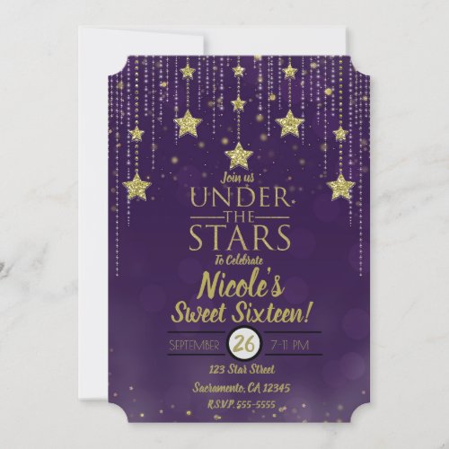 Purple  Gold Under The Stars Starry Sweet 16 Invitation