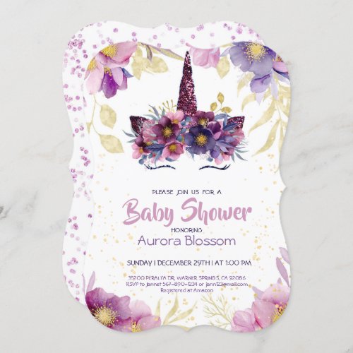 Purple  Gold Unicorn Baby Shower Invitation