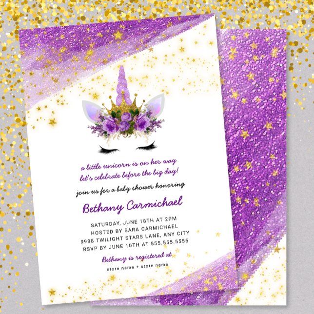 Purple Gold Unicorn Baby Shower Invitation (Creator Uploaded)