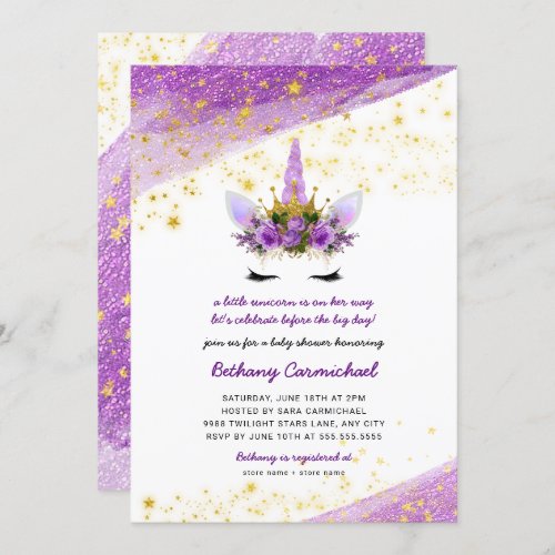 Purple Gold Unicorn Baby Shower Invitation
