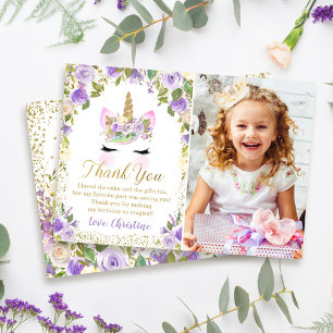 Purple Gold Unicorn Birthday Photo Thank You Card