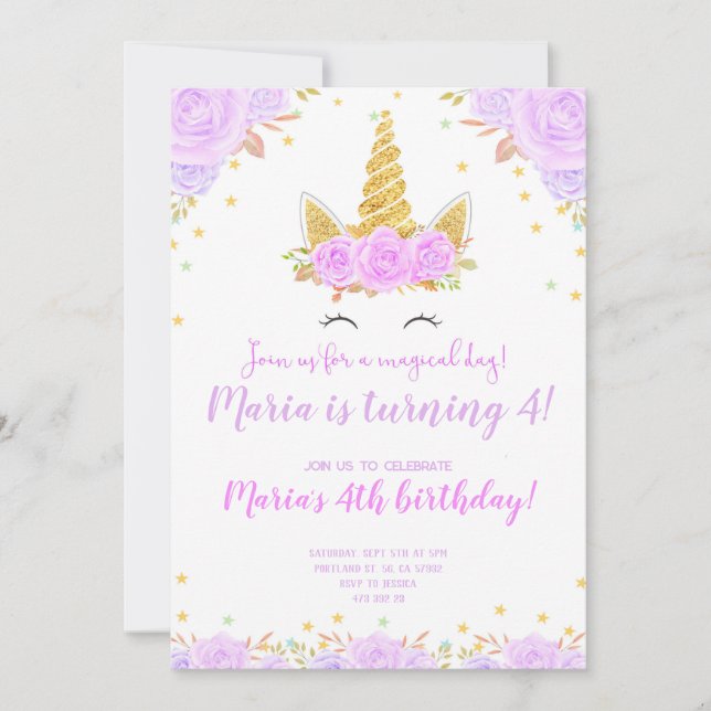 Purple Gold Unicorn face Floral Kids Birthday Invitation (Front)