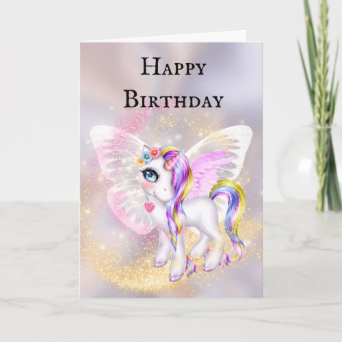 Purple gold unicorn fairy girls birthday card