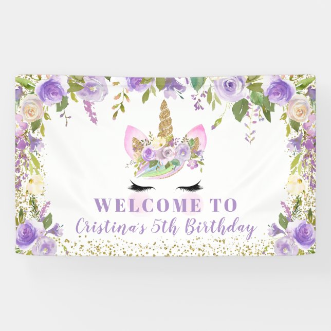 Purple Gold Unicorn Floral Birthday Party Banner (Horizontal)