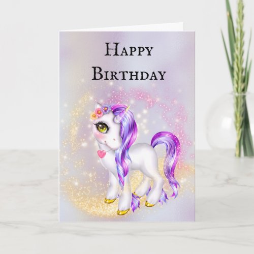 Purple gold unicorn sparkle girls birthday card
