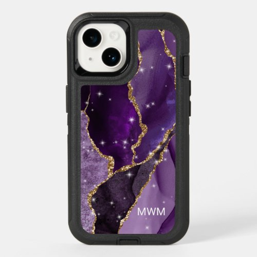 Purple Gold Veins Agate Monogram OtterBox iPhone 14 Case