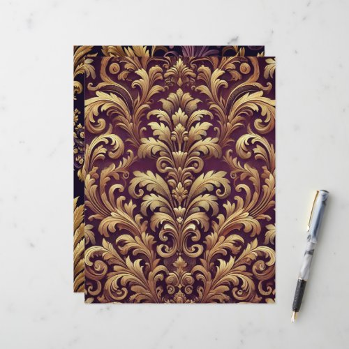 Purple &amp; Gold Victorian Damask Scrapbook Paper