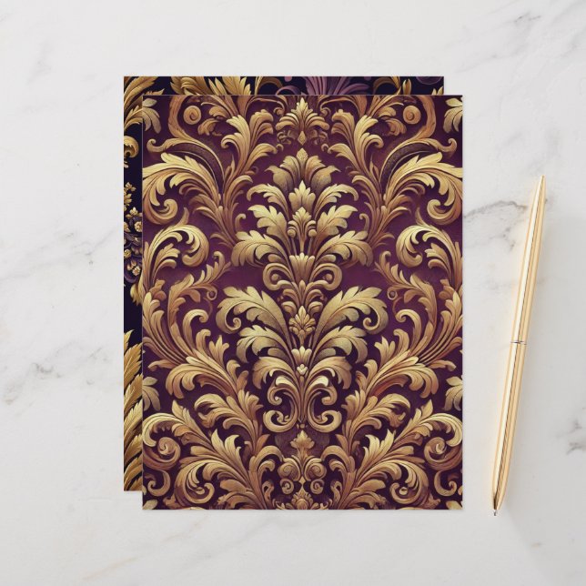 Purple & Gold Victorian Damask Scrapbook Paper (Front/Back In Situ)