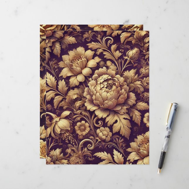 Purple & Gold Victorian Florals Scrapbook Paper (Front/Back In Situ)