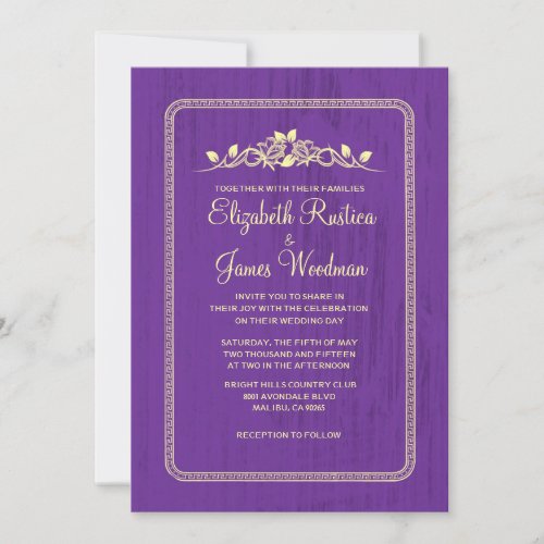 Purple Gold Vintage Barn Wood Wedding Invitations