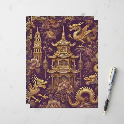 Purple &amp; Gold Vintage Chinoiserie Scrapbook Paper