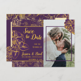 Purple Gold Vintage Floral Photo Save the Date Announcement Postcard