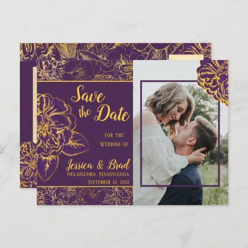 Purple  Gold Vintage Floral Photo Save the Date Announcement Postcard