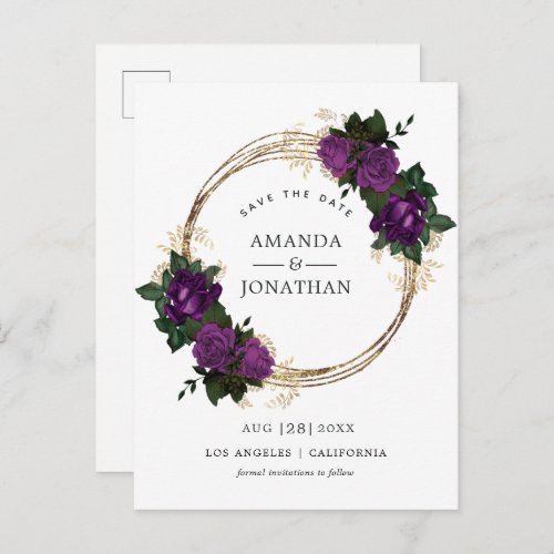 Purple  Gold Vintage Floral Wedding Save the Date Announcement Postcard