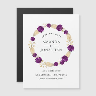 Purple & Gold Vintage Floral Wedding Save the Date Magnetic Invitation