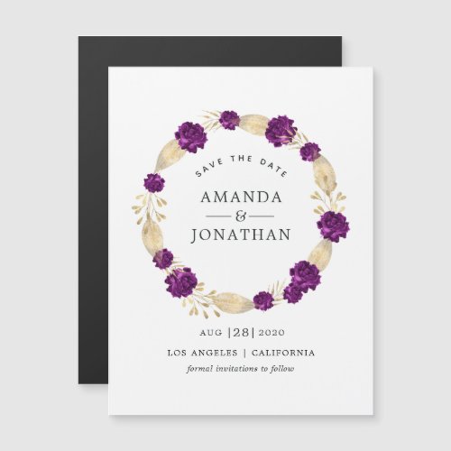 Purple  Gold Vintage Floral Wedding Save the Date Magnetic Invitation