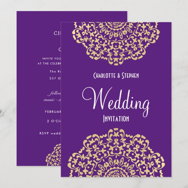 Purple Gold Vintage Inspired Lace Elegant Wedding Invitation (Front/Back)