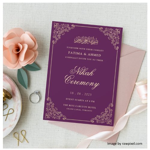 Purple Gold Vintage Islamic Muslim Wedding Invitation