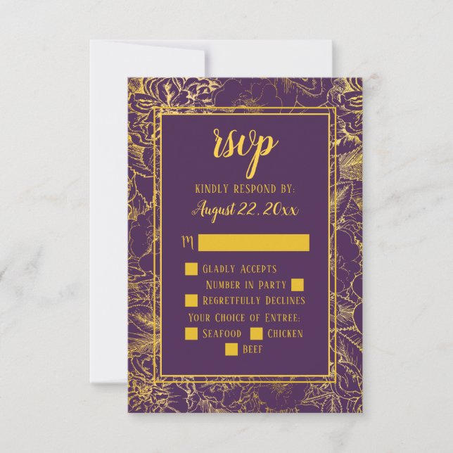 Purple | Gold Vintage Rose Floral RSVP Insert (Front)