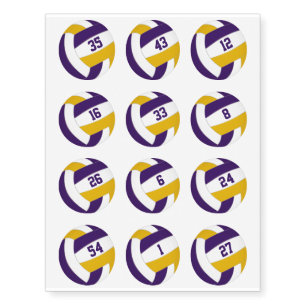 purple gold volleyballs w jersey numbers set of 12 temporary tattoos