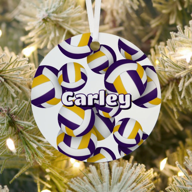 purple gold volleyballs with athlete name keepsake metal ornament (Insitu)