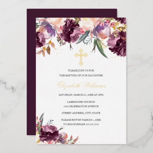 Purple Gold Watercolor Baptism Floral Girl Foil Invitation