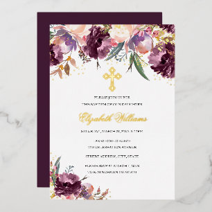 Purple Gold Watercolor Baptism Floral Girl Foil Invitation