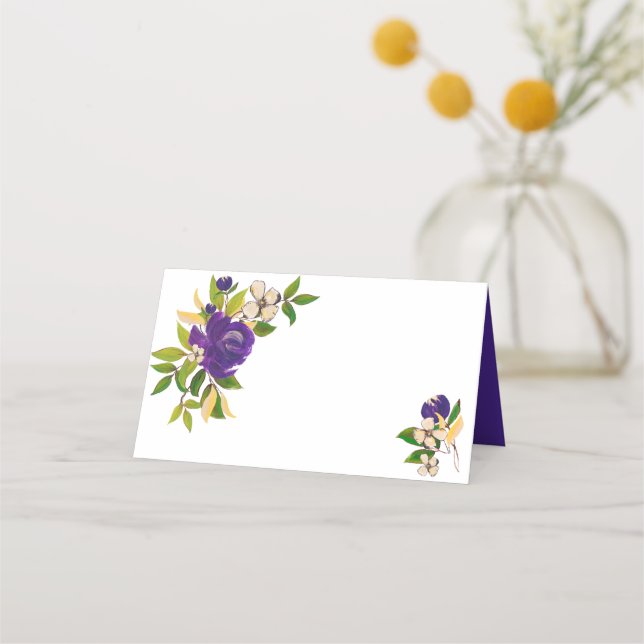 Purple Gold Watercolor Bouquet Wedding Place Card (Front)